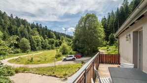 Un balcon donnant sur une zone boisée, un chemin de terre et des voitures garées.