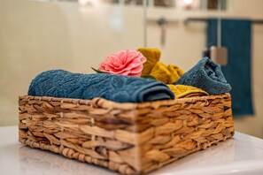 Shower, hair dryer, towels