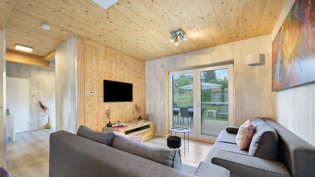 Een moderne woonkamer met een houten plafond, een flatscreen televisie, een bank, een bijzettafeltje en een schuifdeur van glas naar een buitenruimte.