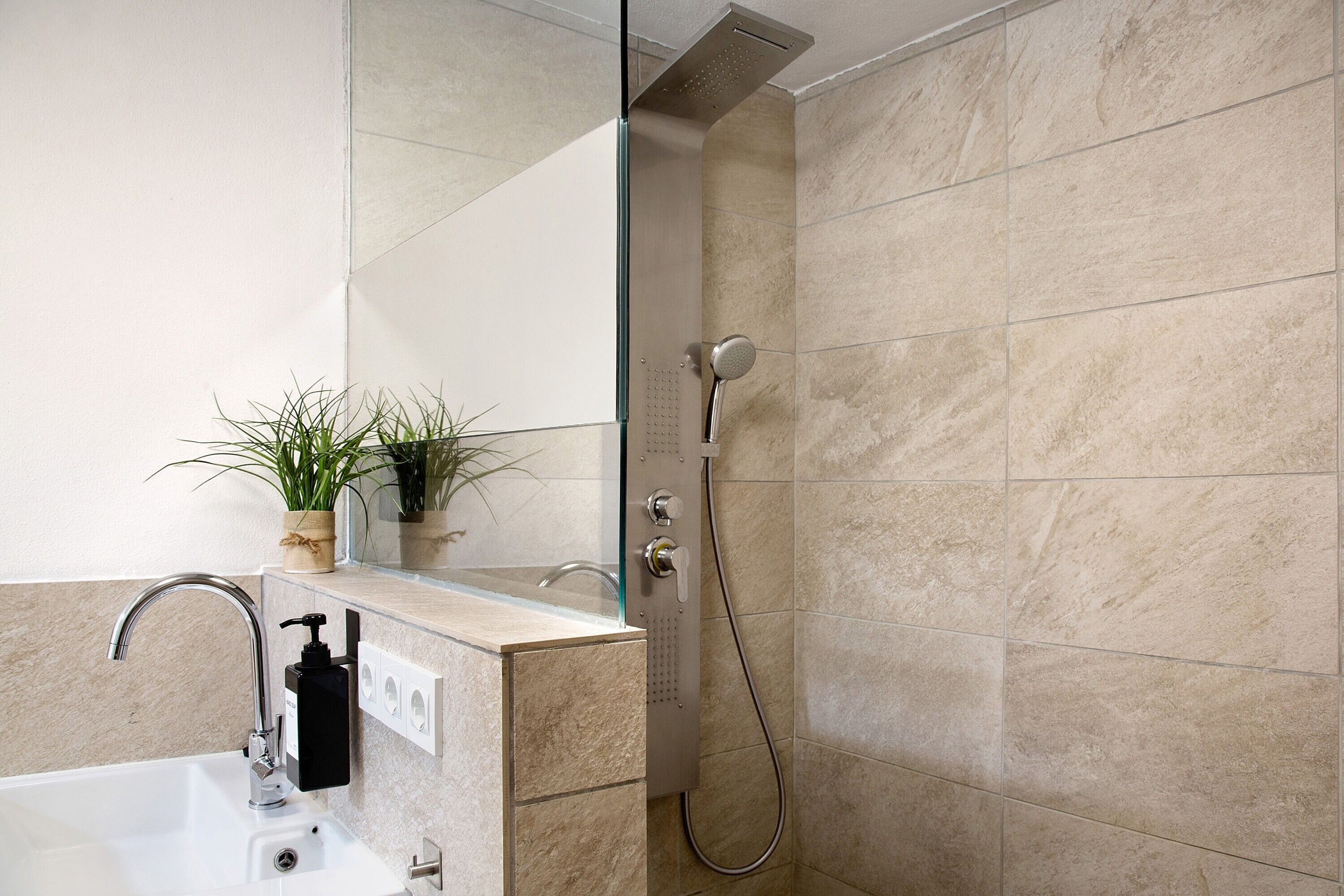 Shower, free toiletries, hair dryer, towels