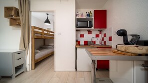 Fridge, microwave, electric kettle, toaster