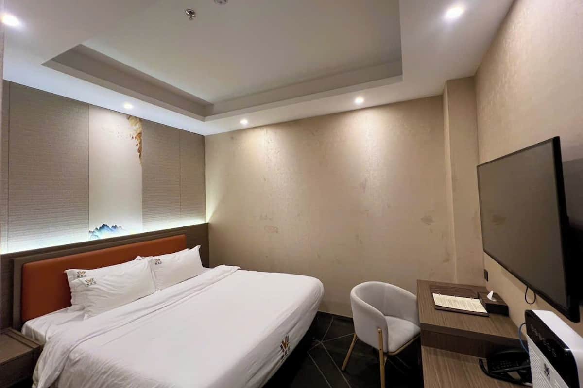 Une chambre d’hôtel avec un lit, un bureau avec un ordinateur, une télévision et une chaise.