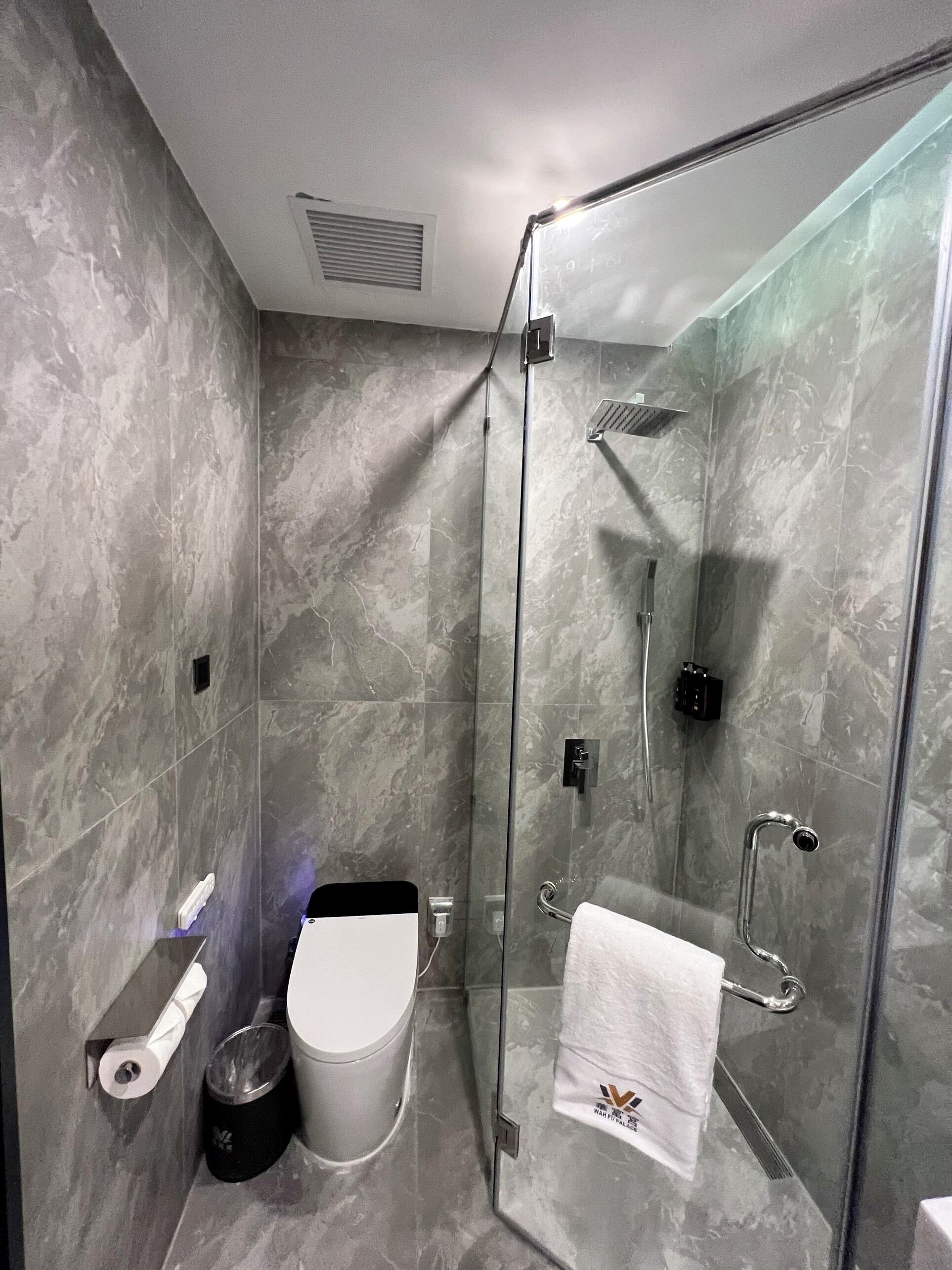 A modern bathroom with a glass-enclosed shower, a toilet, and a towel rack.