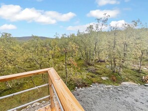 A wooden deck overlooking a forested area with a clear sky.