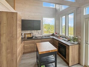 Fridge, microwave, dishwasher, cookware/dishes/utensils