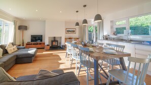 Un salon moderne avec un canapé, une table à manger et des chaises. On y trouve également un téléviseur, une cheminée et une fenêtre avec des rideaux.