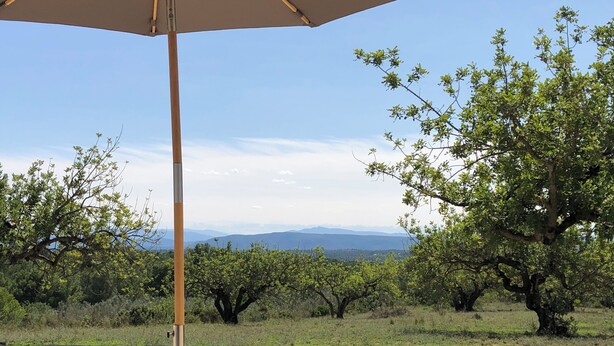 A view from a covered outdoor seating area with a table and umbrella, overlooking a landscape with trees and distant mountains. - Casa the Dutchman,  totally off-grid,on a private plot of 10.000m2 (Navarres)
