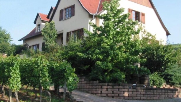 A two-story house with a red roof, surrounded by greenery and a brick wall. - Maison Située Dans le Vignoble, Appartement à L'étage Avec Entrée Indépendante (Soultzmatt)