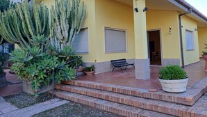 A yellow house with a covered porch, steps leading to the entrance, and a cactus plant on the left.