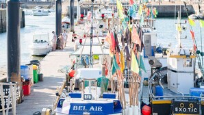 A marina with boats docked, including a boat named 'BEL AIR' with flags and fishing equipment.