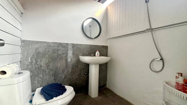 Une petite salle de bain comprenant des toilettes, un lavabo et une douche.