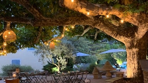 Un patio al aire libre con mesas y sillas, luces colgantes y un árbol grande que da sombra.