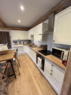 Fridge, microwave, oven, stovetop - Luxury Hand Built Cedar Cabin in Oakhill (Radstock)