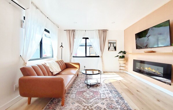 Smart TV, fireplace, books