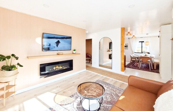 Smart TV, fireplace, books