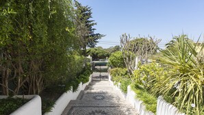 Um caminho com vegetação nas laterais e piso de azulejos estampados, que leva a um portão.
