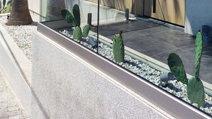 Un edificio moderno con facciata in vetro, parete rivestita in legno e un giardino di cactus.