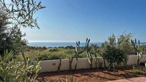 Un jardin agrémenté de cactus et d’oliviers, une terrasse carrelée et une vue sur la mer.