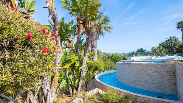 A pool surrounded by lush greenery and a clear sky. - 42 Presa do Moura, beautiful townhouse on stunning complex with pool and gym! (Carvoeiro)