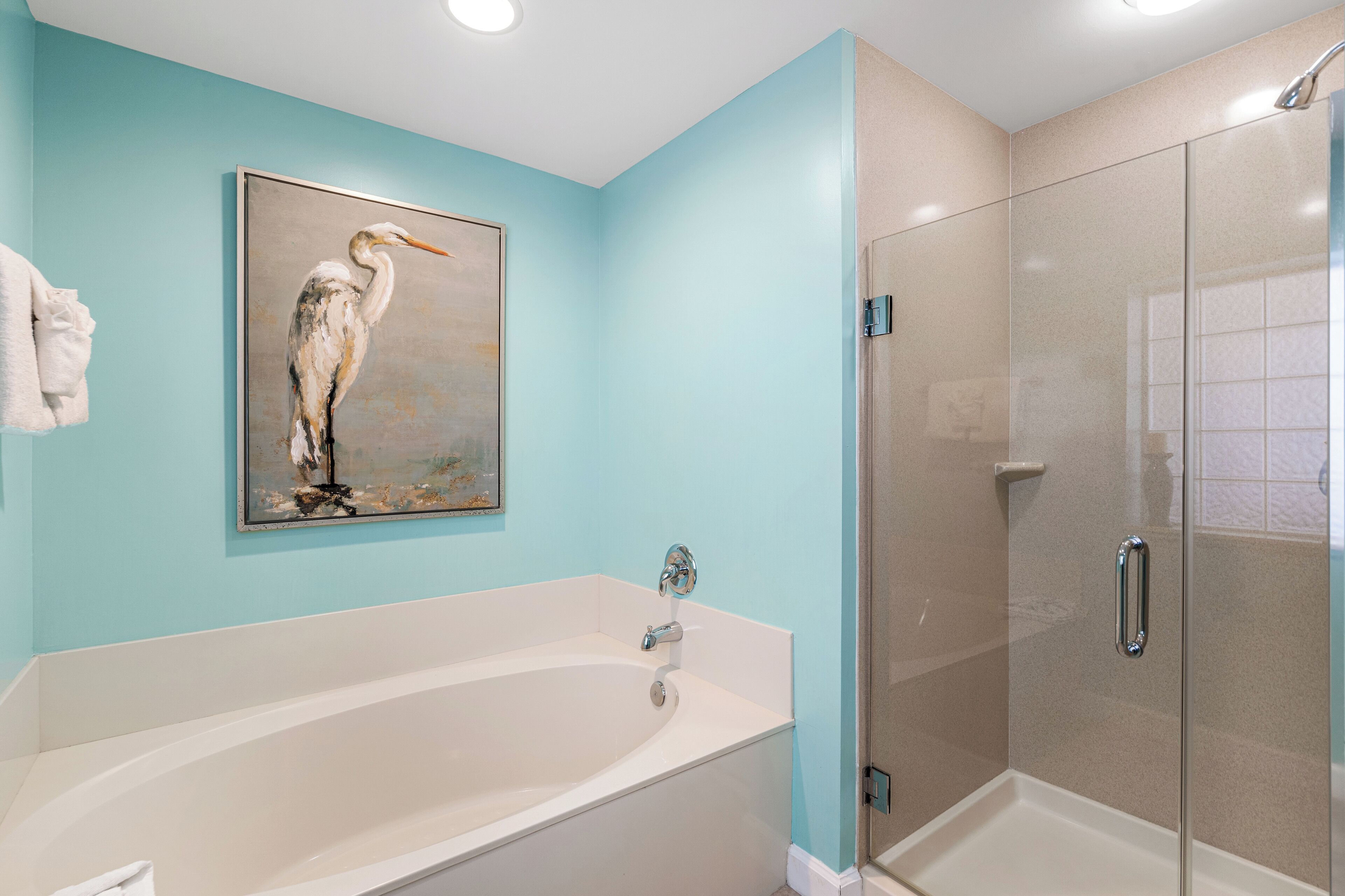 Une salle de bain avec une baignoire, une cabine de douche en verre et un tableau représentant un oiseau au mur.