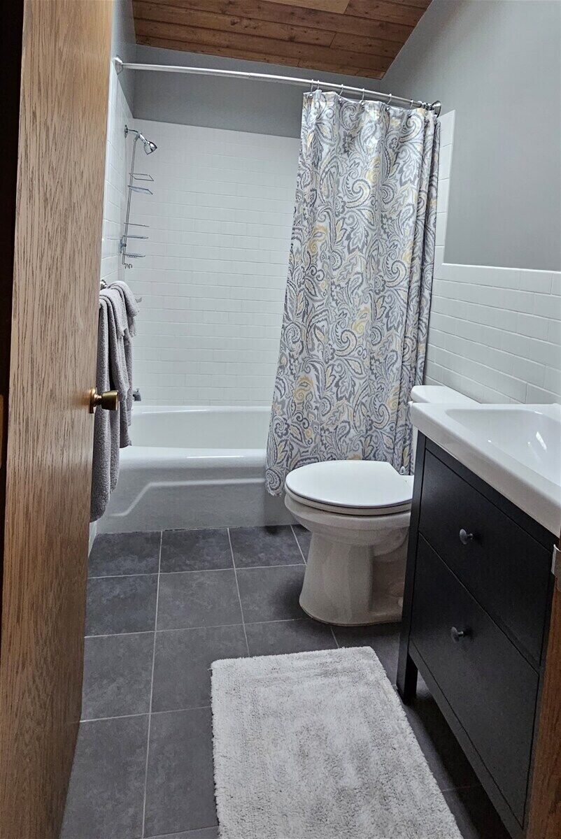 Une salle de bain avec douche, toilettes et lavabo.