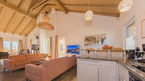 A spacious living area with a sofa set, a kitchen with modern appliances, and a dining area with a view. - Chalet Almrose Zell am See (Zell am See)