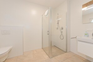 A modern bathroom with a glass shower enclosure, a toilet, and a sink with a mirror above.