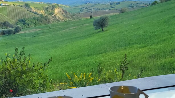 Una mesa con dos tazas y platillos, un vaso y una vista de un paisaje verde con colinas y cielo nublado.