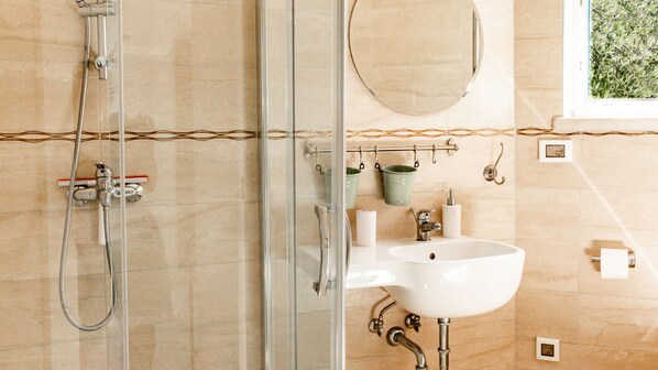 A bathroom with a glass shower enclosure, a sink, and a mirror.