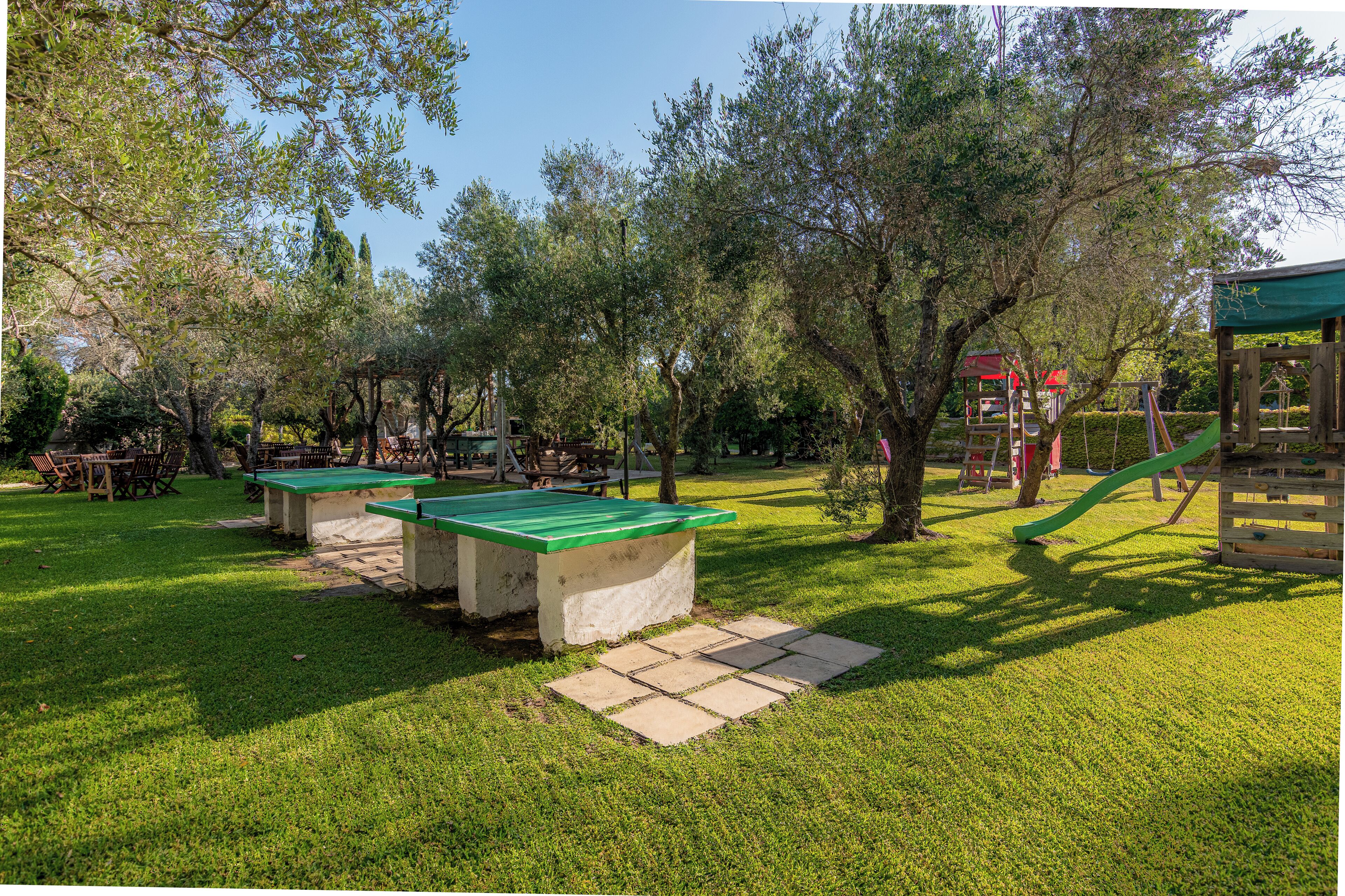 Un parque con mesas de picnic, un parque infantil y árboles.