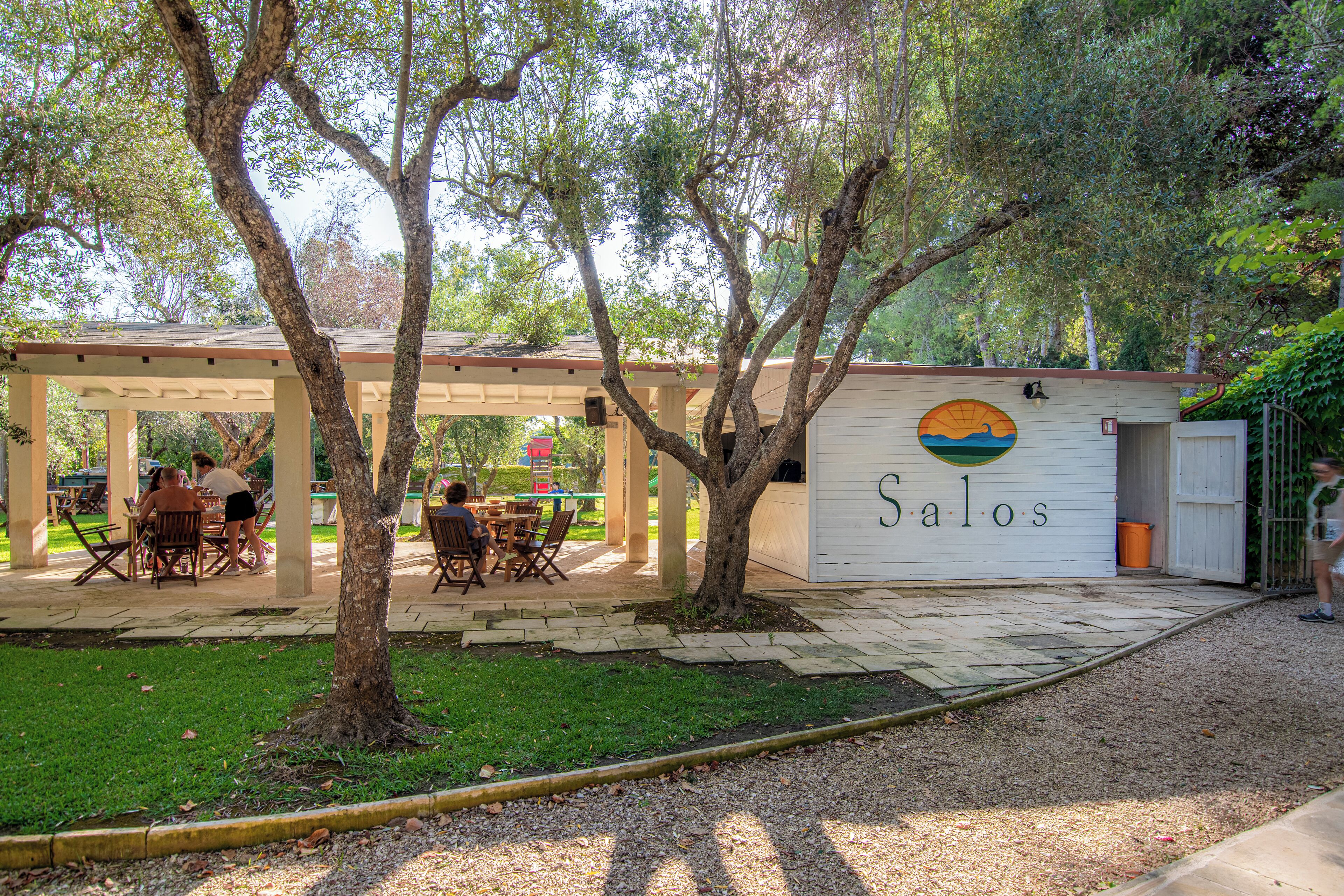 A covered outdoor seating area with tables and chairs, a tree in the foreground, and a building with the sign "Salos" in the background.