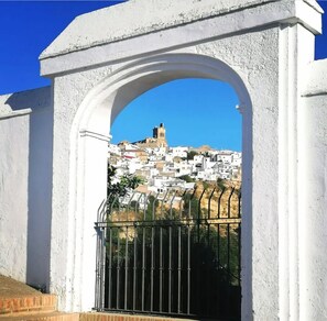 Stroll through the historic town, framed by a traditional stone archway and metal gate, offering access to a charming Mediterranean-style village.