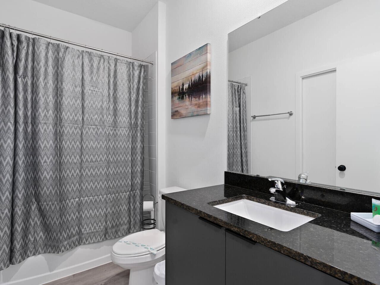 A modern bathroom with a grey and white chevron shower curtain, a white toilet, a black sink with a mirror above it, and a painting of a landscape on the wall.