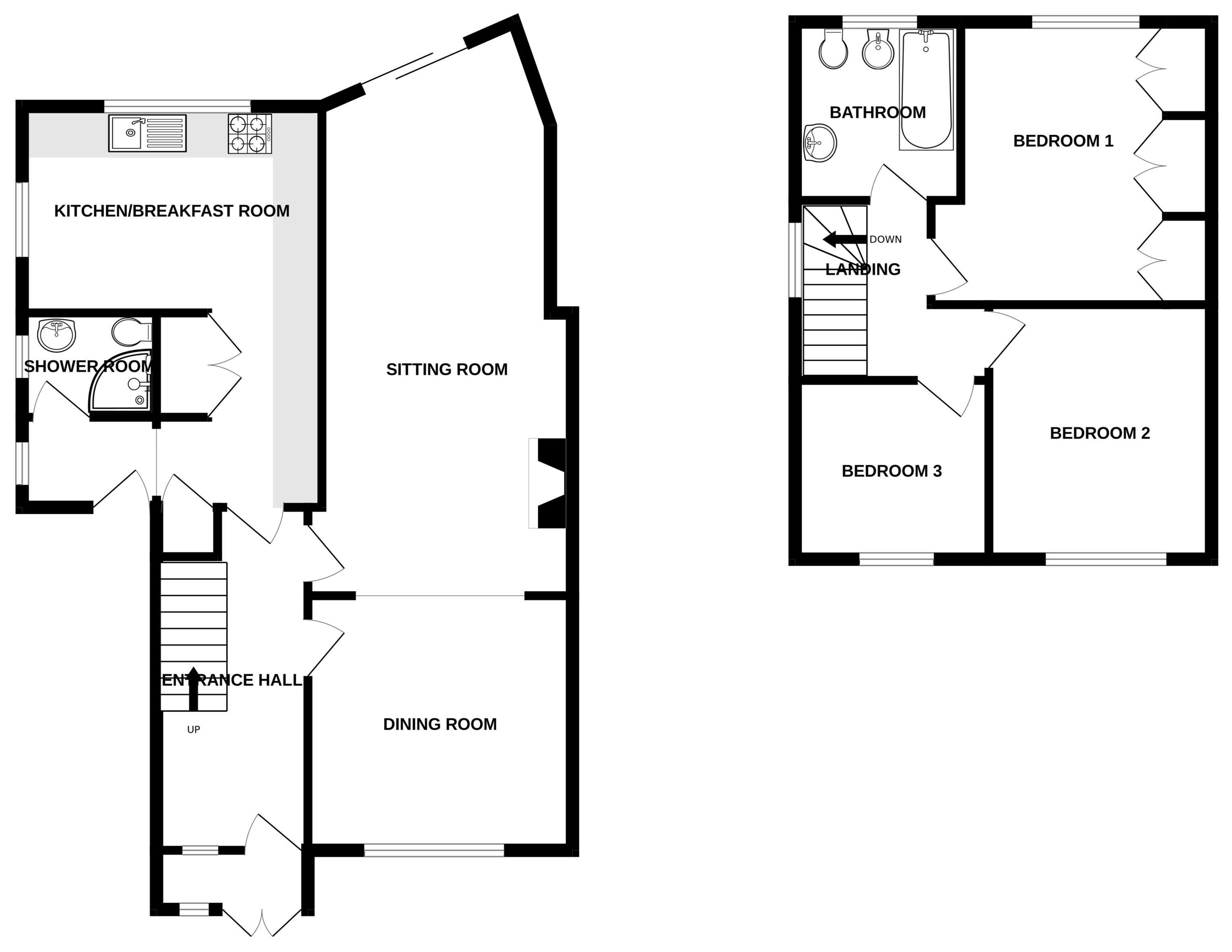 Un plan d’étage comprenant une cuisine, une salle à manger, un salon, une salle de douche, un hall d’entrée et trois chambres.