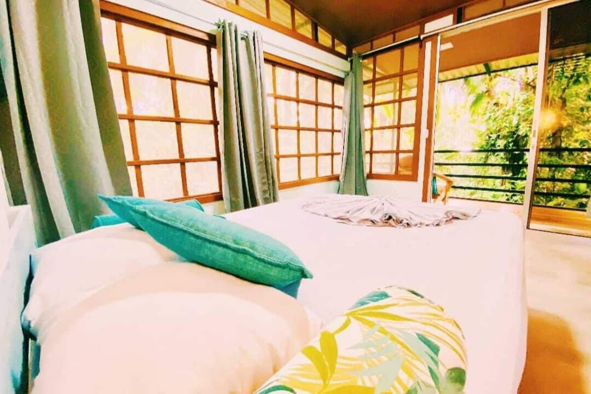 A room with a bed, curtains, and large windows.