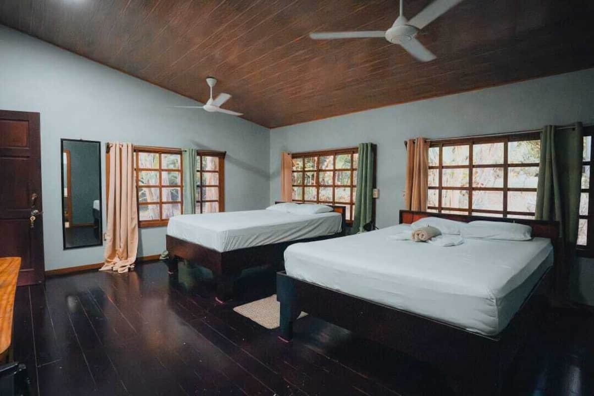 A room with two beds, wooden flooring, ceiling fans, and large windows with curtains.