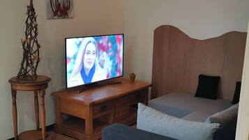Ein gemütliches Wohnzimmer mit Fernseher, Couch, Holz-Couchtisch und einer Zimmerpflanze.