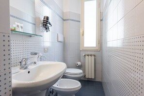Secador de cabelo, bidê, toalhas de banho, sabonete