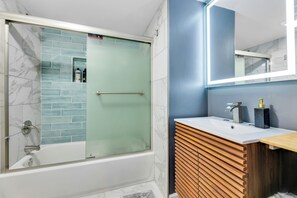 Shower, towels, soap, shampoo