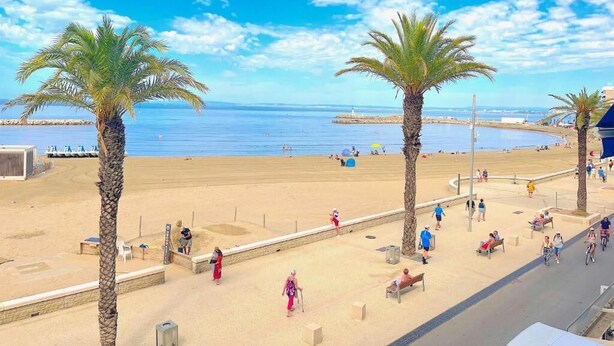 Ein Strand mit Palmen, einer Promenade und Blick aufs Meer.