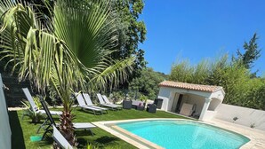 Ein Swimmingpool mit Fliesenrand, umgeben von Rasen und Palmen.