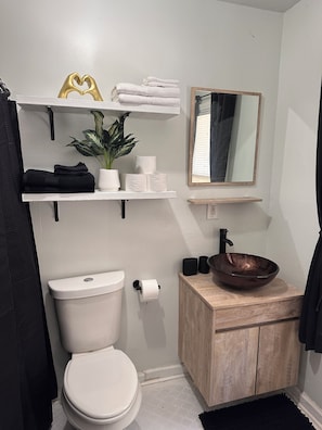 Secador de cabelo, toalhas de banho, sabonete, papel higiênico