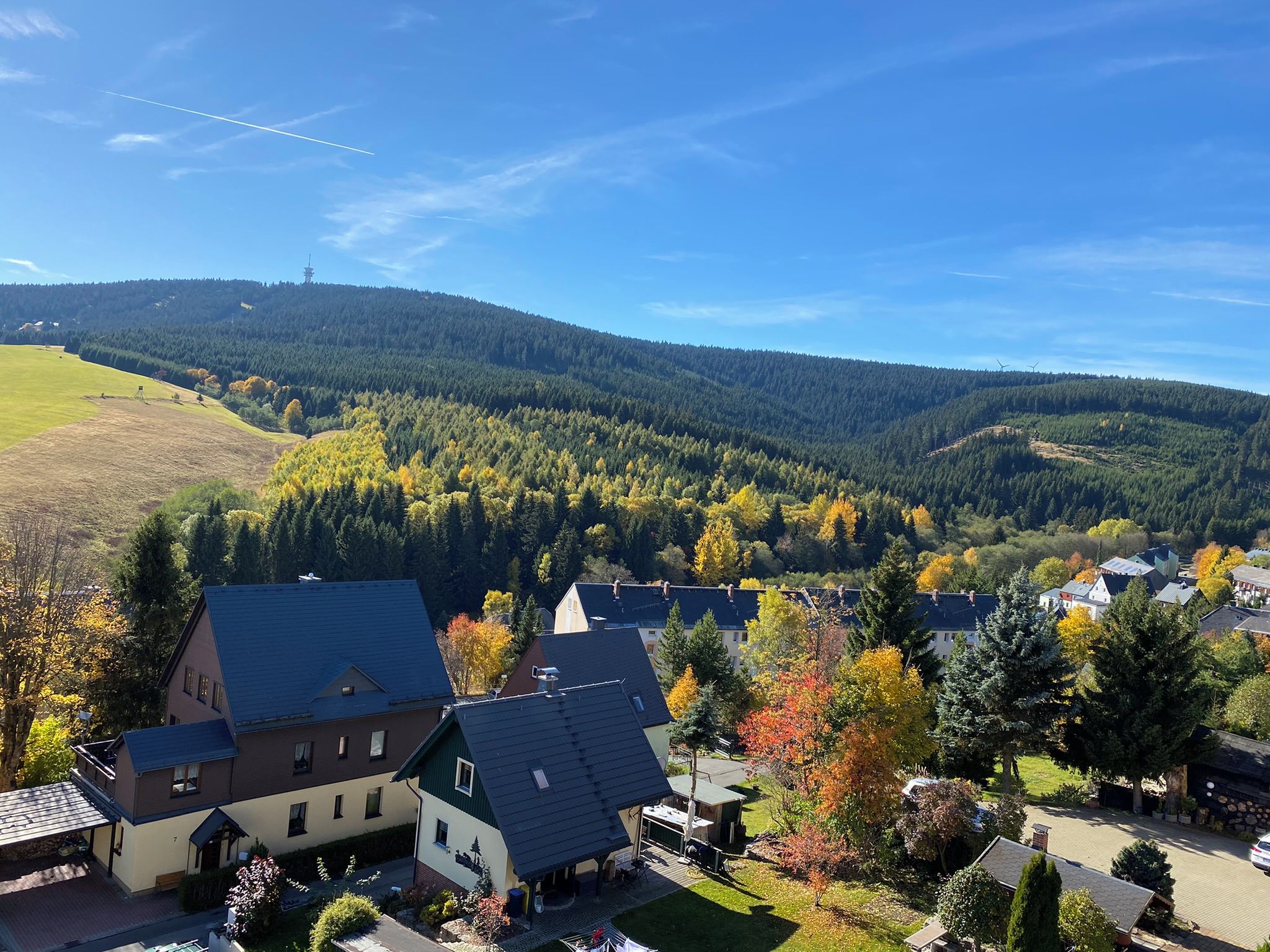 Un quartier résidentiel avec des maisons, un ciel dégagé et une colline boisée en arrière-plan.