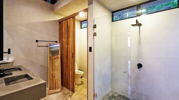 Hair dryer, towels, soap, toilet paper