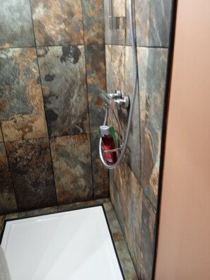 Hair dryer, towels, soap, shampoo