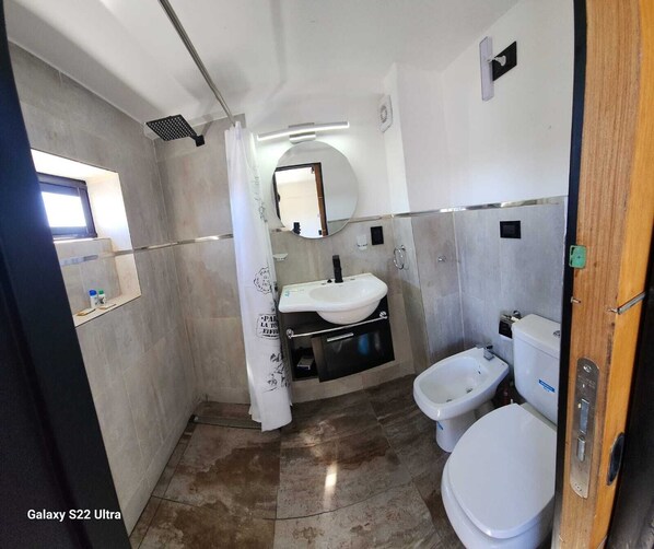 Shower, hair dryer, bidet, towels