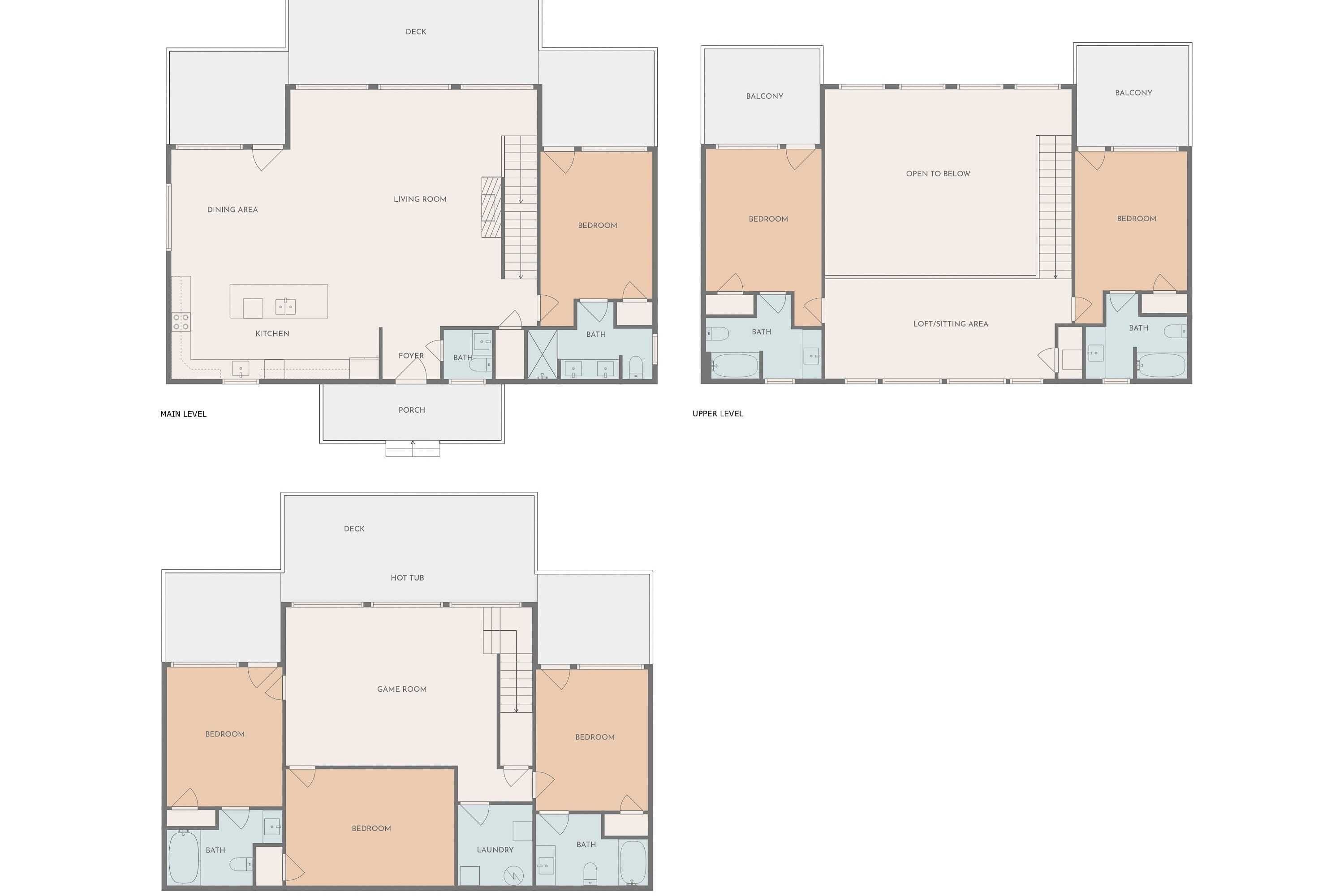 Distribución de un hotel con nivel principal, nivel superior y terraza. Incluye comedor, cocina, sala de estar, habitaciones, balcones y sala de juegos.