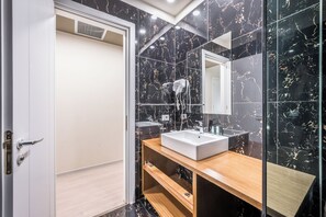 Douche hydromassante, articles de toilette de luxe, sèche-cheveux
