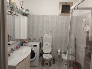Hair dryer, towels, soap, toilet paper