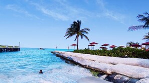 Ein Strand mit klarem, blauem Wasser, einer Palme und roten Sonnenschirmen.